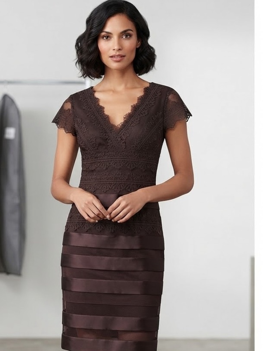 JS Collections Tiered Satin & Lace Sheath Cocktail Dress Mauve Brown 10